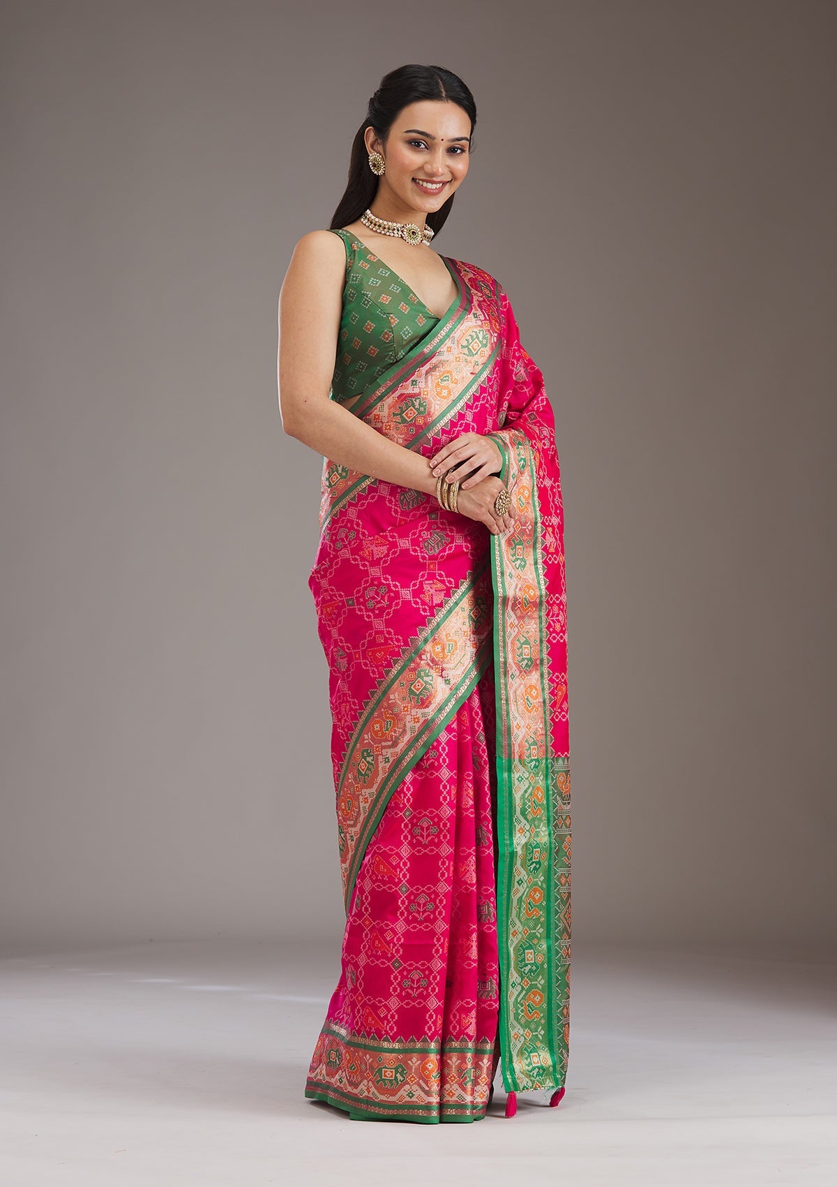 Green Printed Silk Saree-Koskii