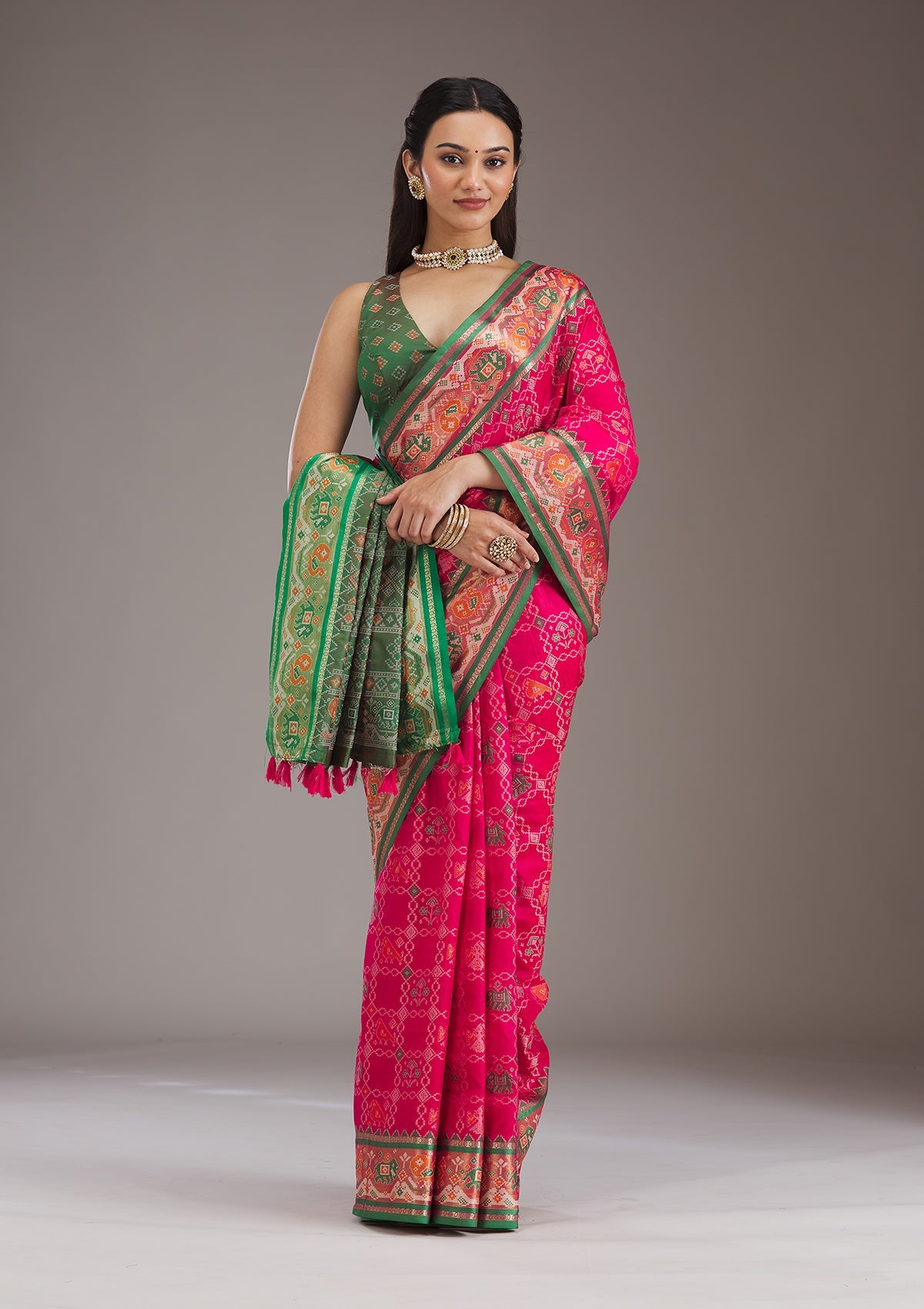 Green Printed Silk Saree-Koskii