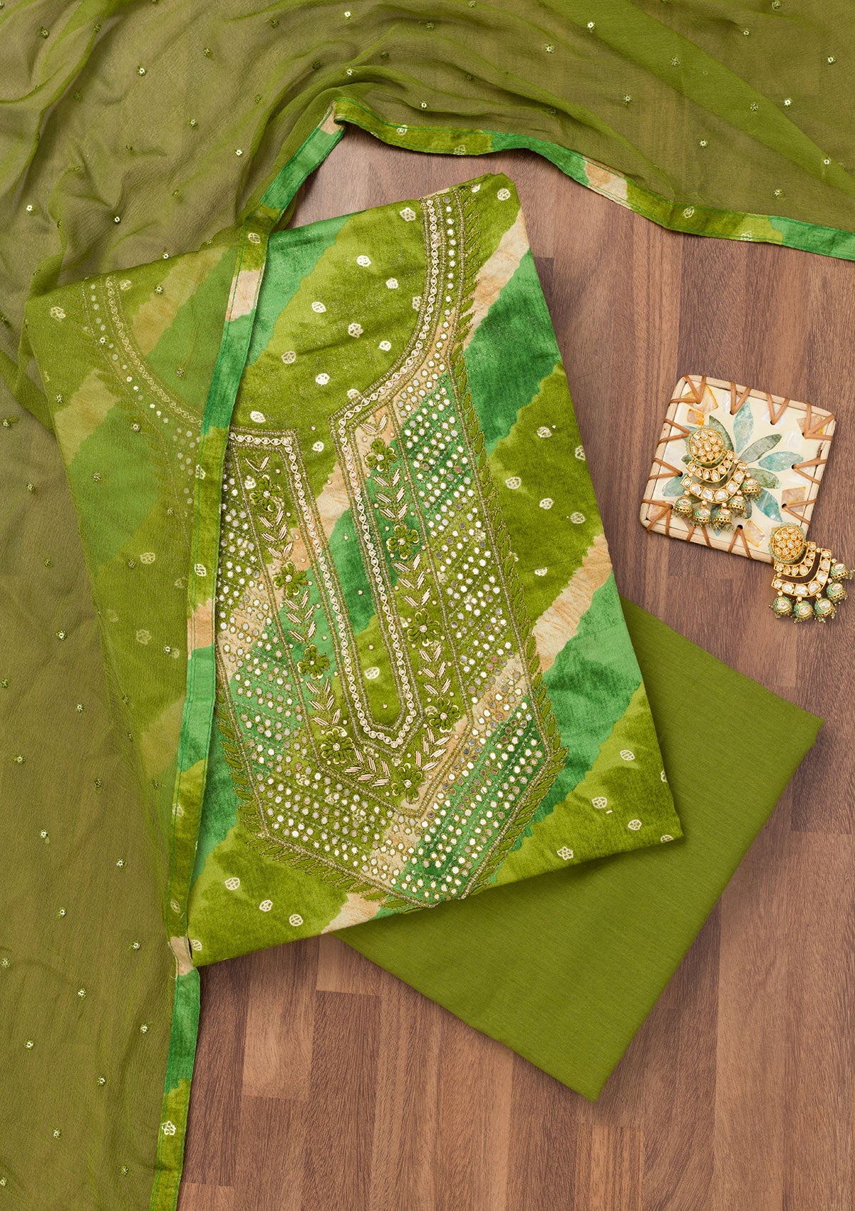 Green Printed Soft Silk Unstitched Salwar Suit-Koskii