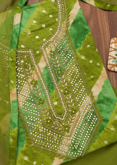 Green Printed Soft Silk Unstitched Salwar Suit-Koskii