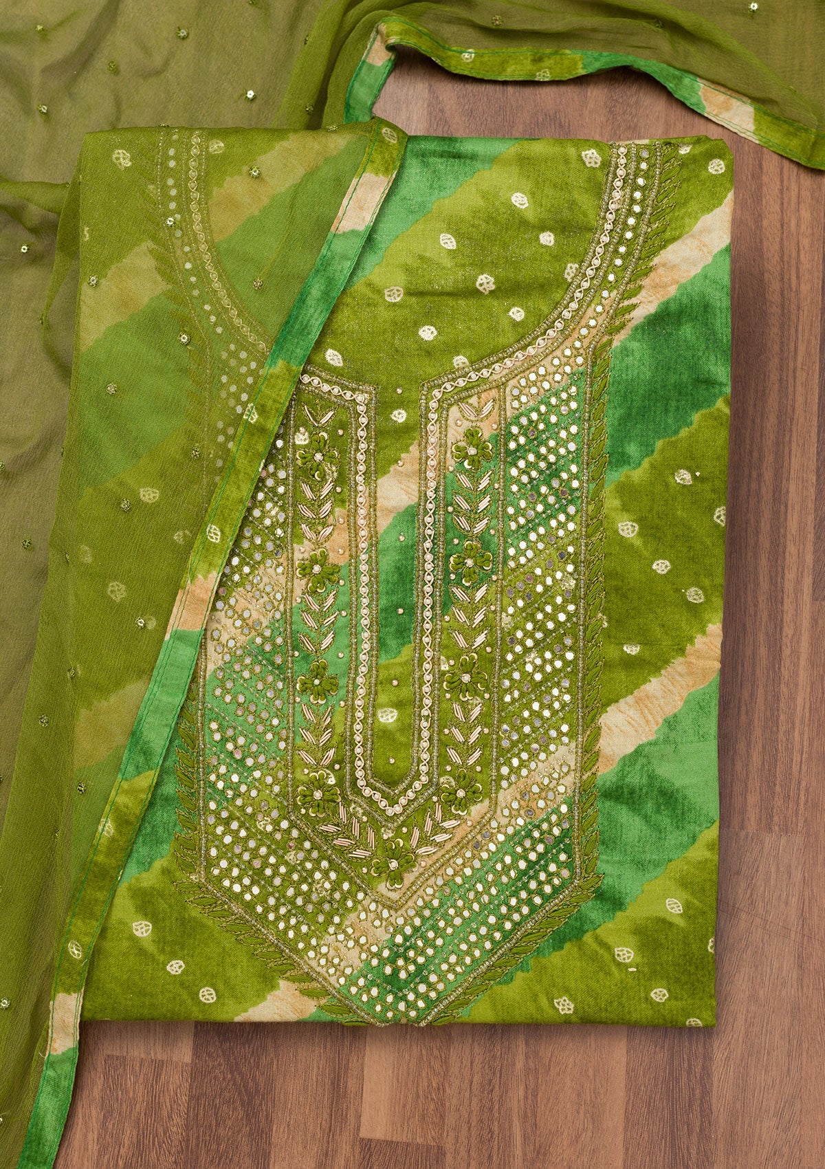 Green Printed Soft Silk Unstitched Salwar Suit-Koskii