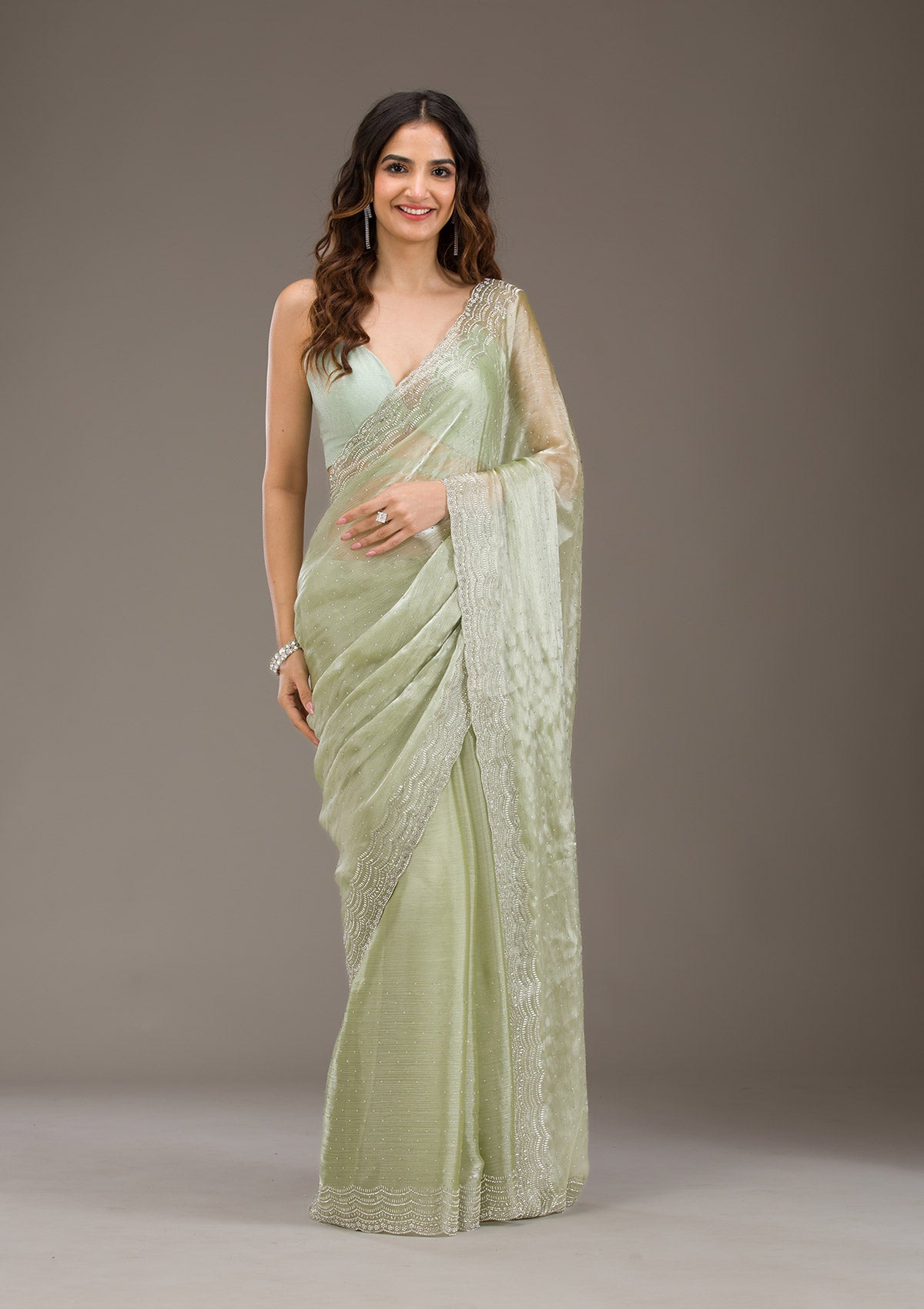 Green Stonework Chiffon Saree