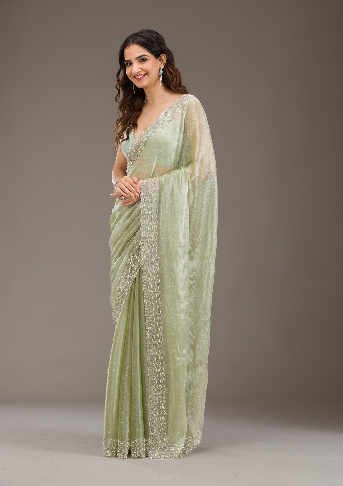 Green Stonework Chiffon Saree