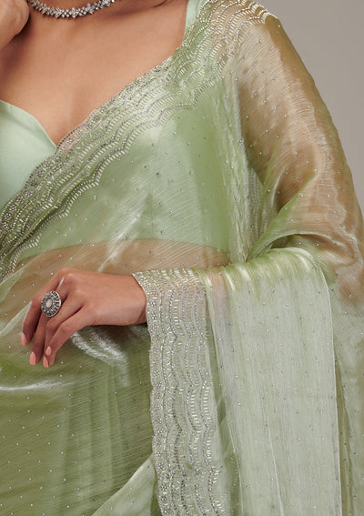 Green Stonework Chiffon Saree-Koskii