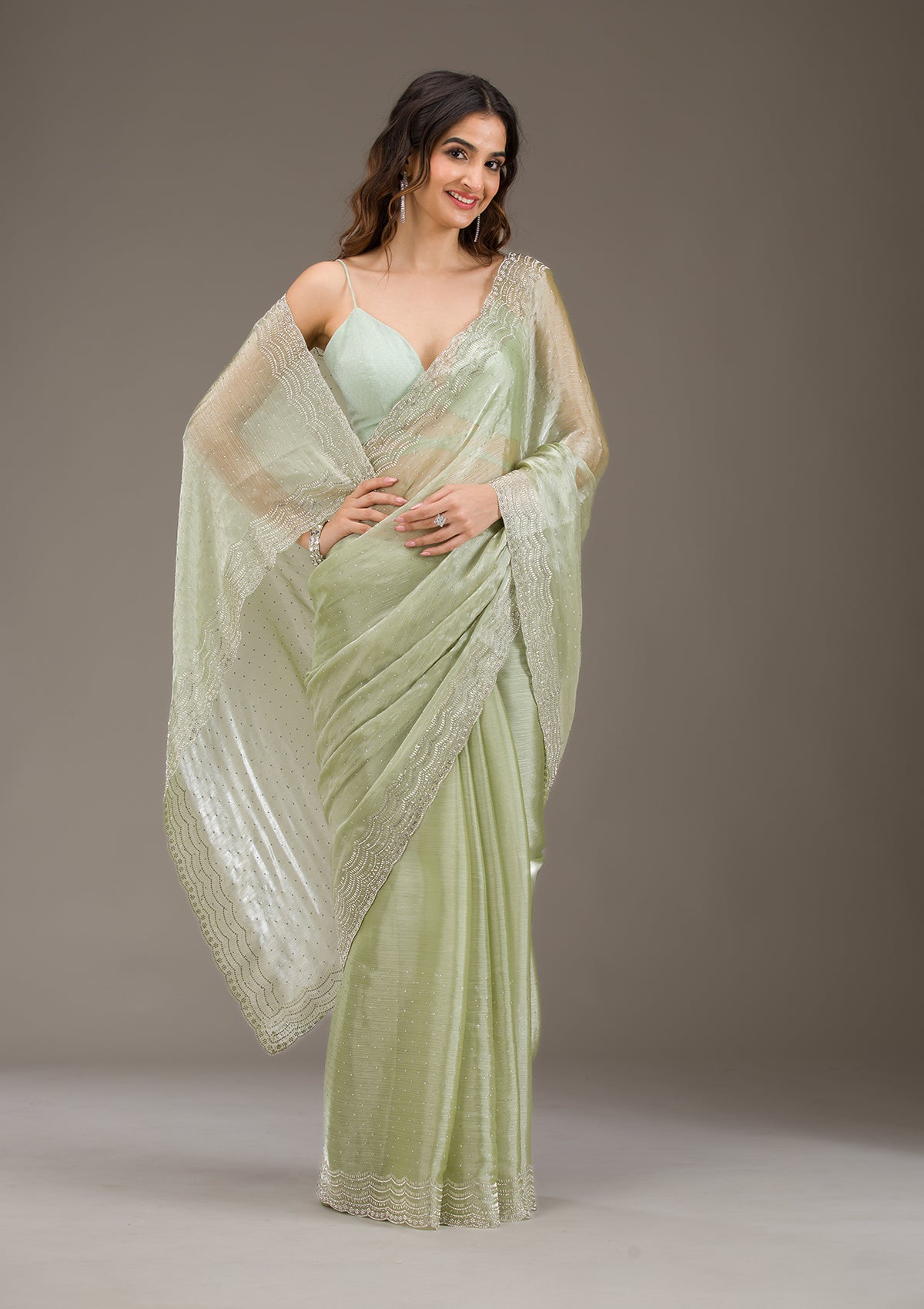 Green Stonework Chiffon Saree