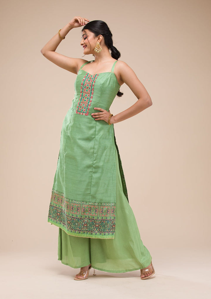 Green Threadwork Chanderi Readymade Salwar Suit-Koskii