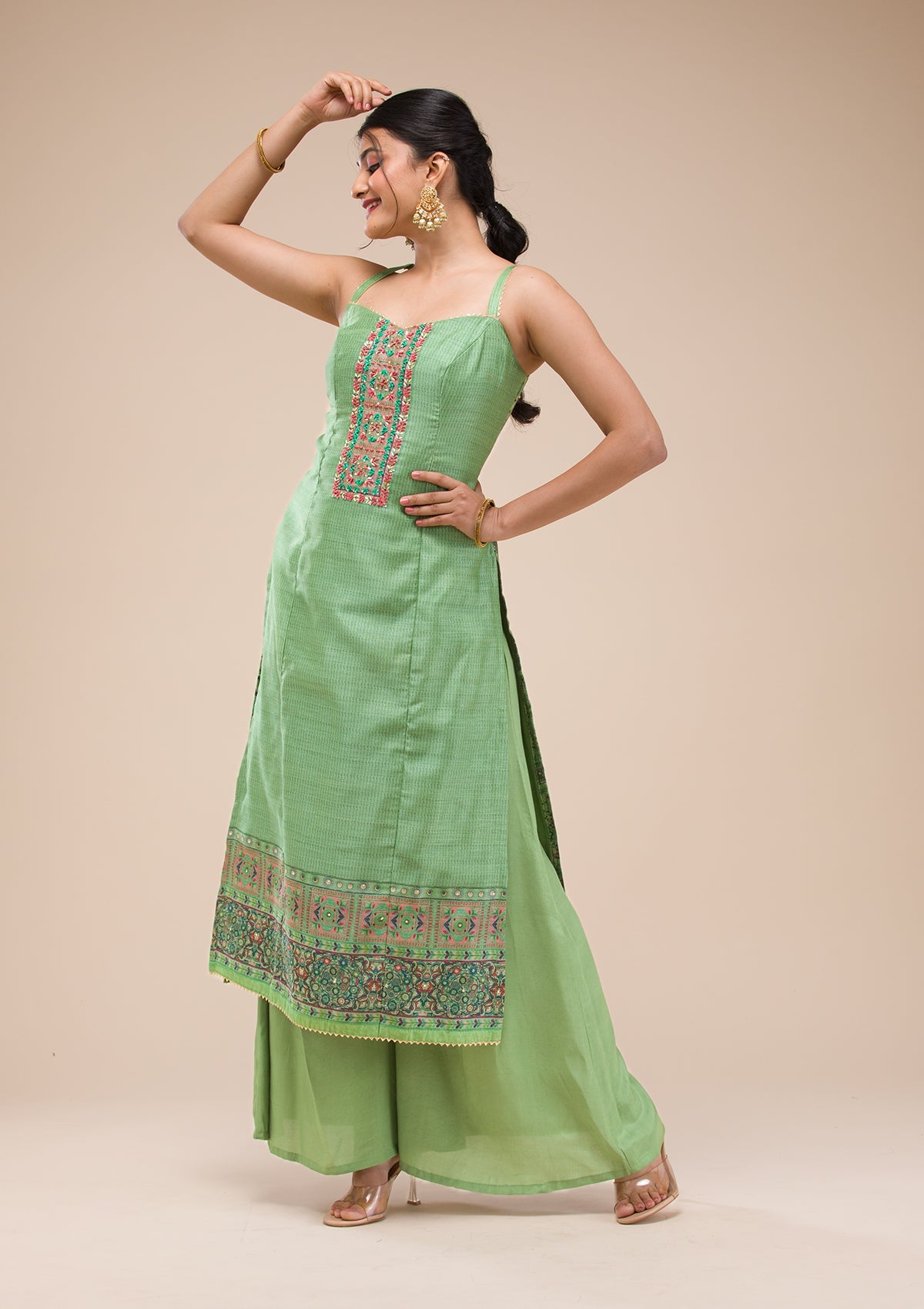Green Threadwork Chanderi Readymade Salwar Suit-Koskii