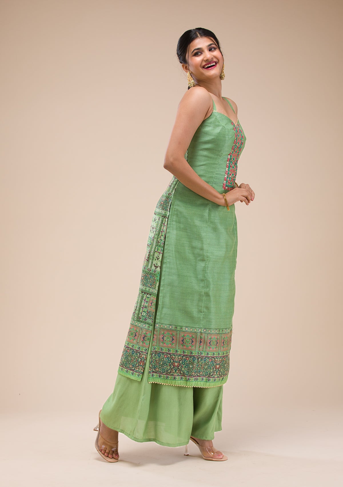 Green Threadwork Chanderi Readymade Salwar Suit-Koskii