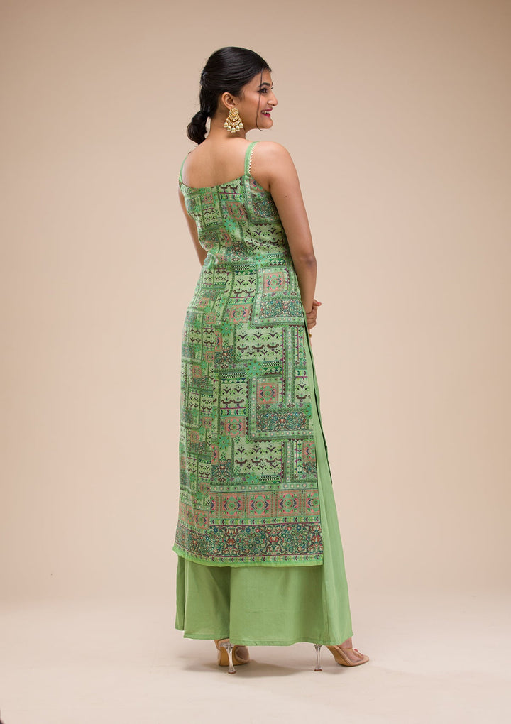 Green Threadwork Chanderi Readymade Salwar Suit-Koskii
