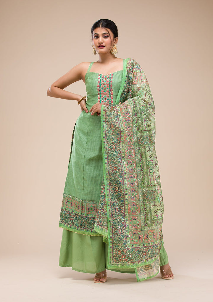 Green Threadwork Chanderi Readymade Salwar Suit-Koskii