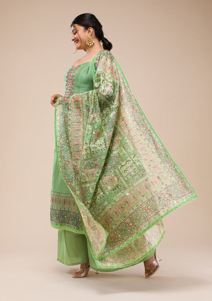 Green Threadwork Chanderi Readymade Salwar Suit-Koskii