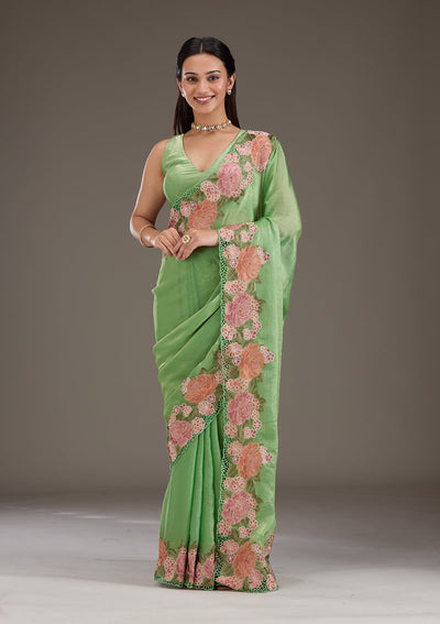 Green Threadwork Tissue Saree-Koskii