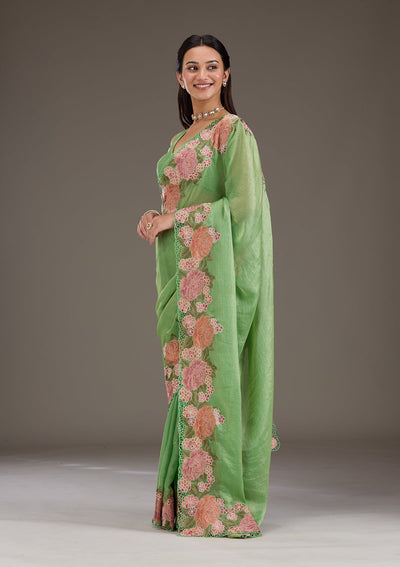 Green Threadwork Tissue Saree-Koskii