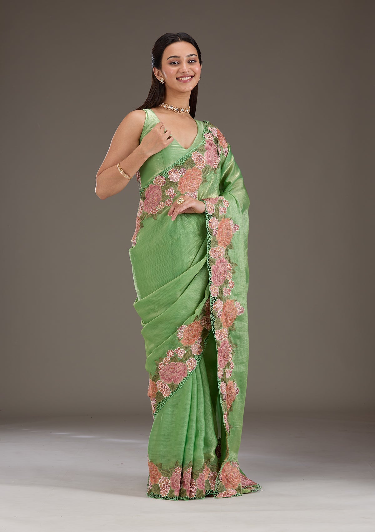 Green Threadwork Tissue Saree-Koskii