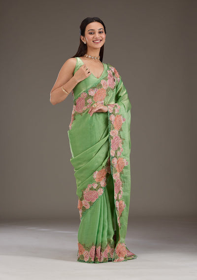 Green Threadwork Tissue Saree-Koskii