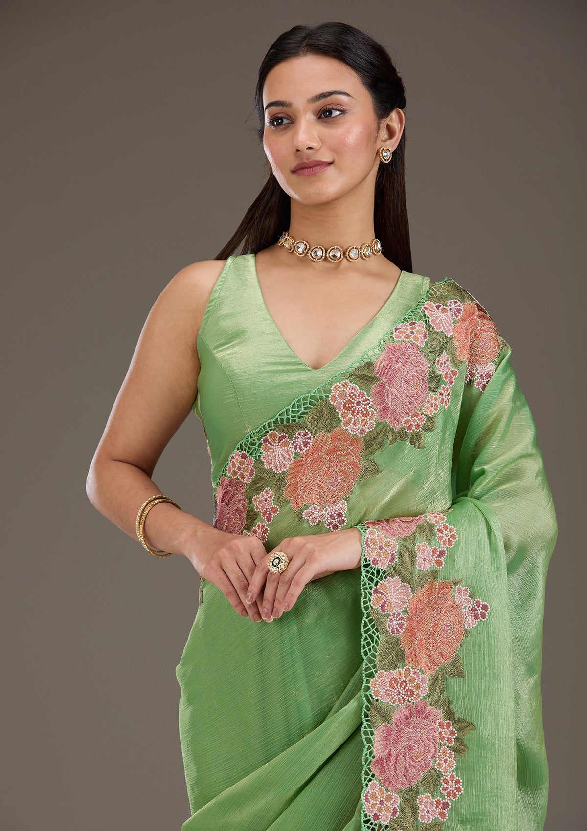 Green Threadwork Tissue Saree-Koskii