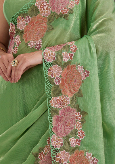 Green Threadwork Tissue Saree-Koskii