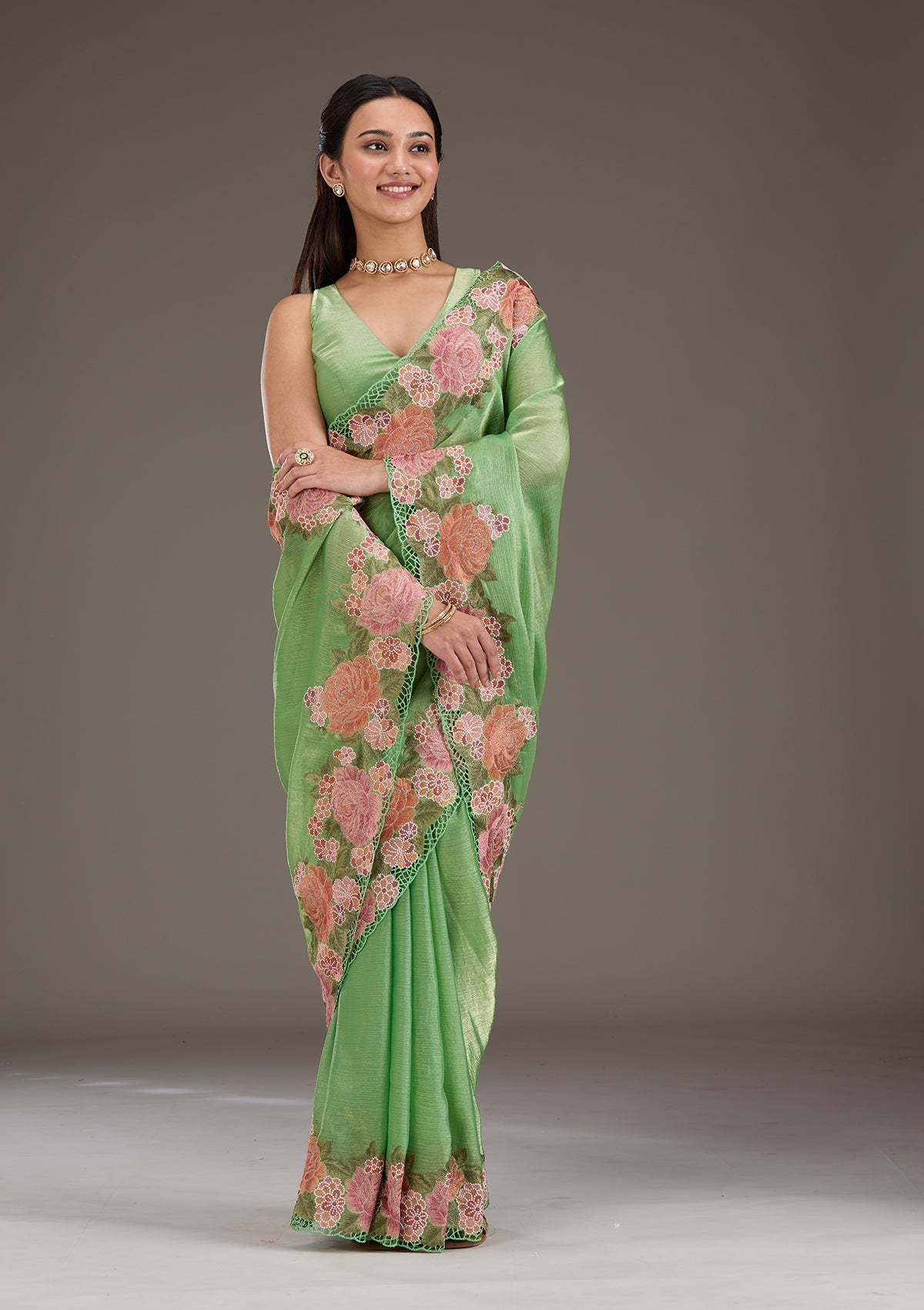 Green Threadwork Tissue Saree-Koskii