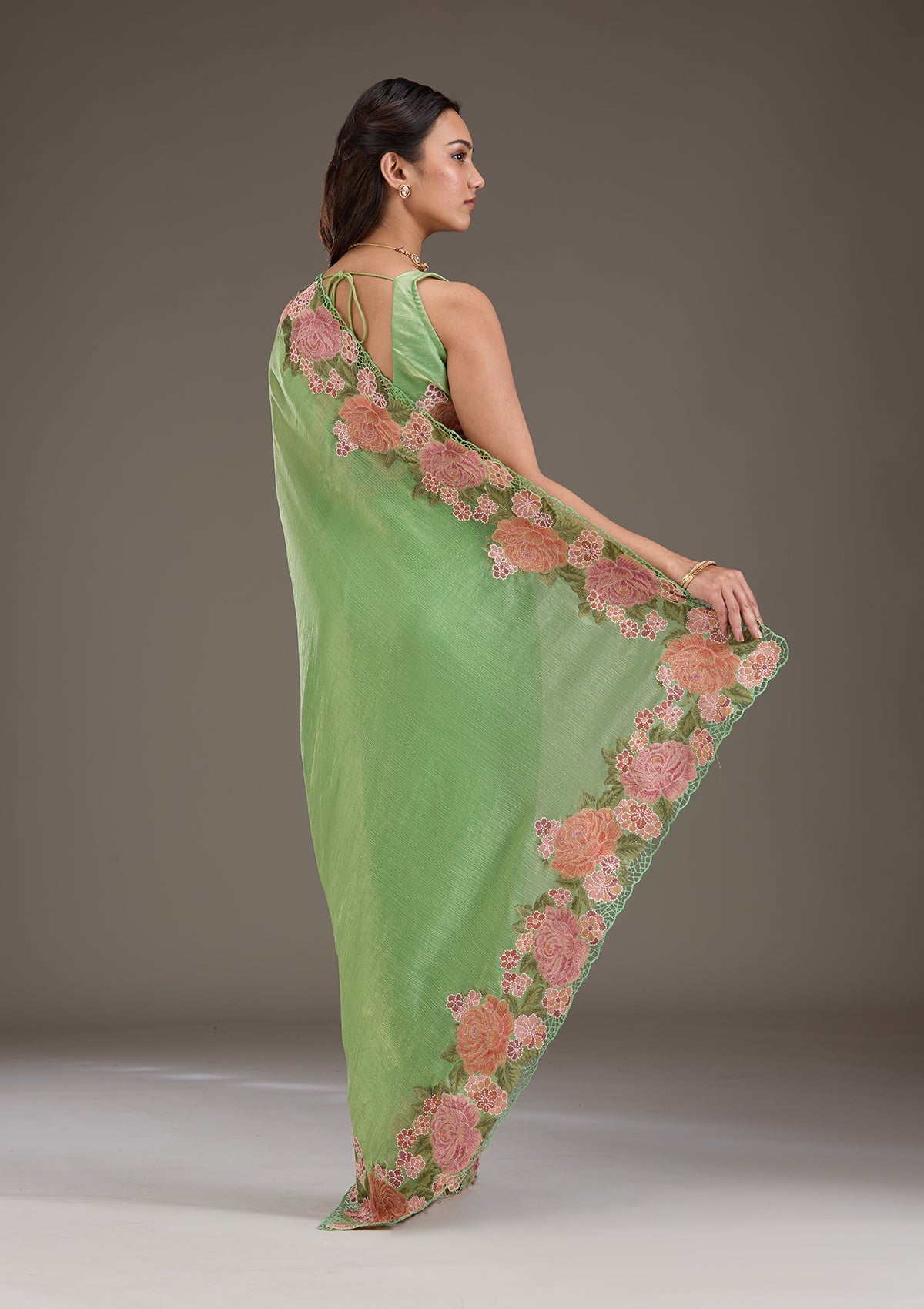 Green Threadwork Tissue Saree-Koskii