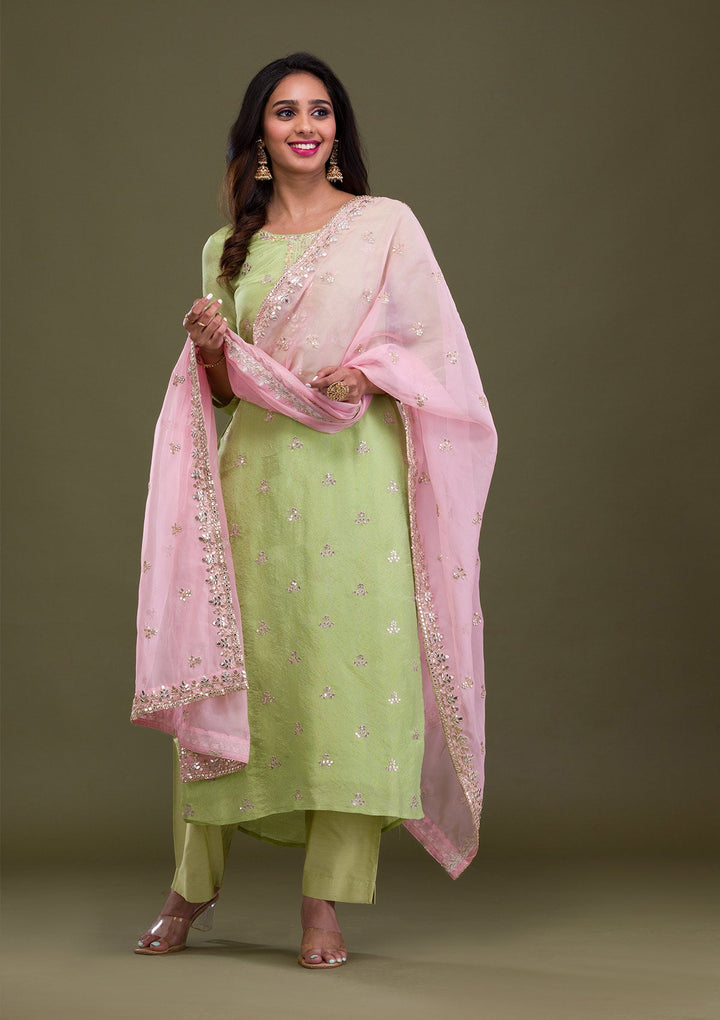 Green Zariwork Art Silk Readymade Sharara Kameez
