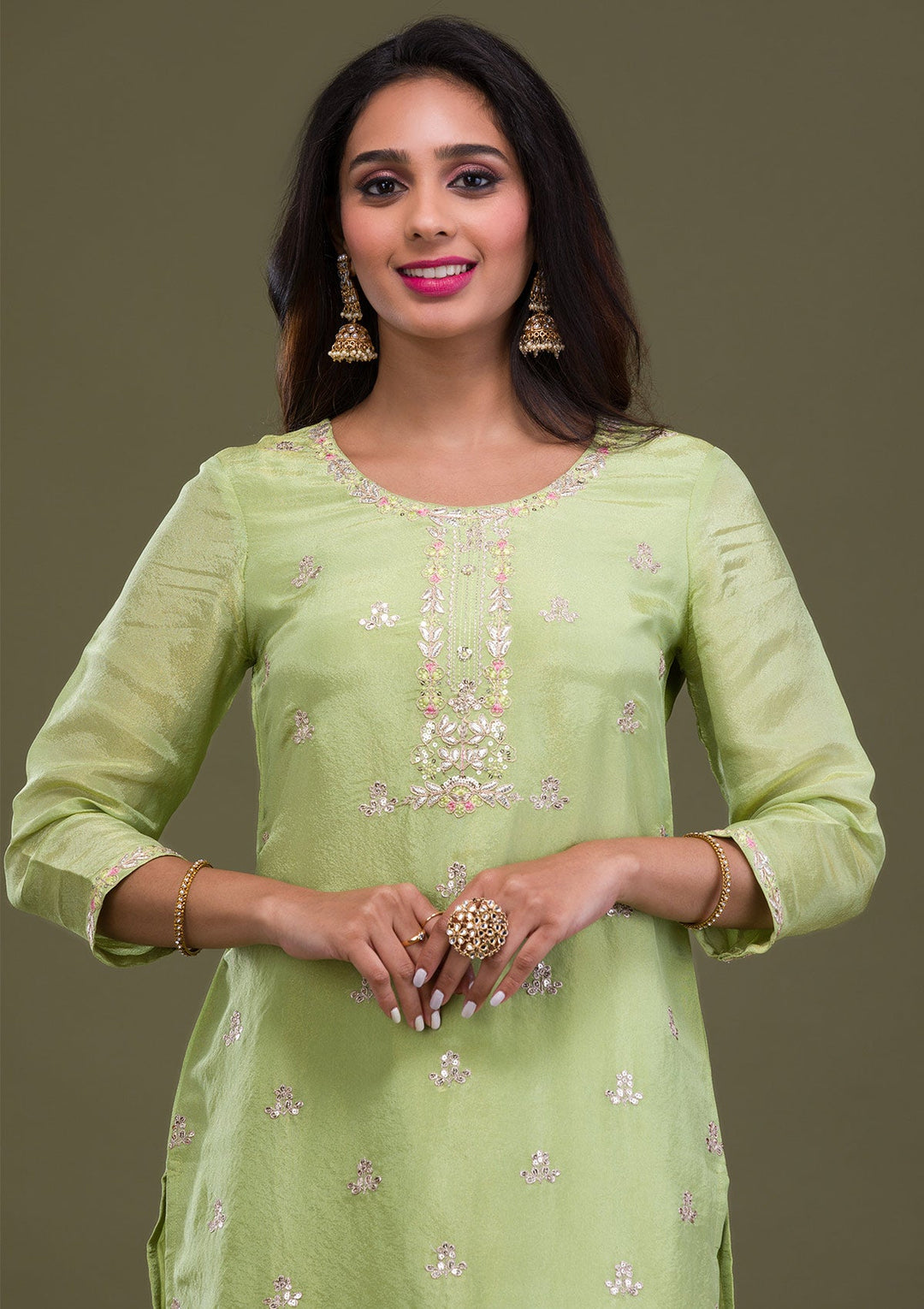Green Zariwork Art Silk Readymade Sharara Kameez