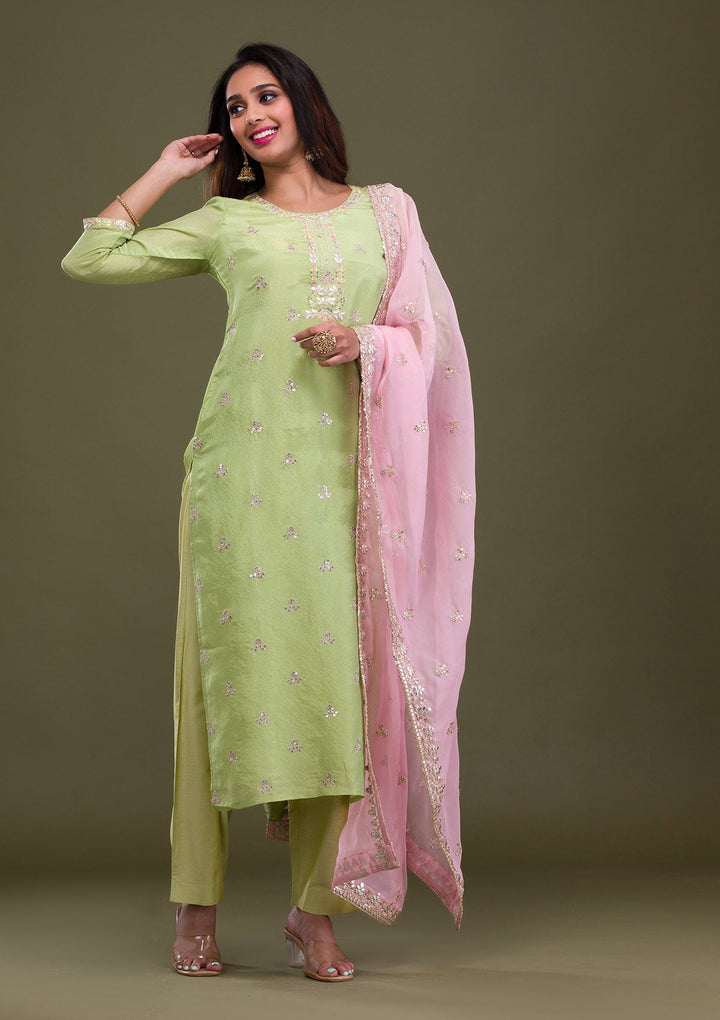 Green Zariwork Art Silk Readymade Sharara Kameez