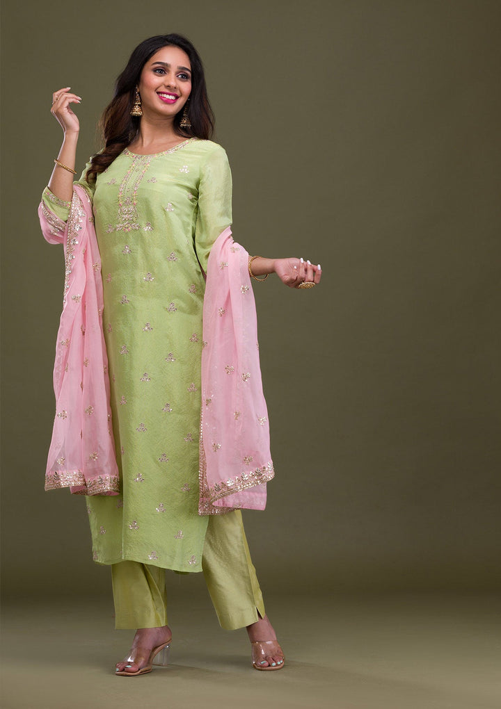 Green Zariwork Art Silk Readymade Sharara Kameez