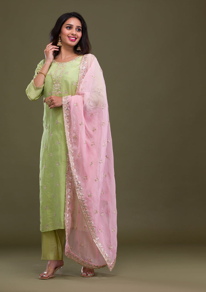 Green Zariwork Art Silk Readymade Sharara Kameez