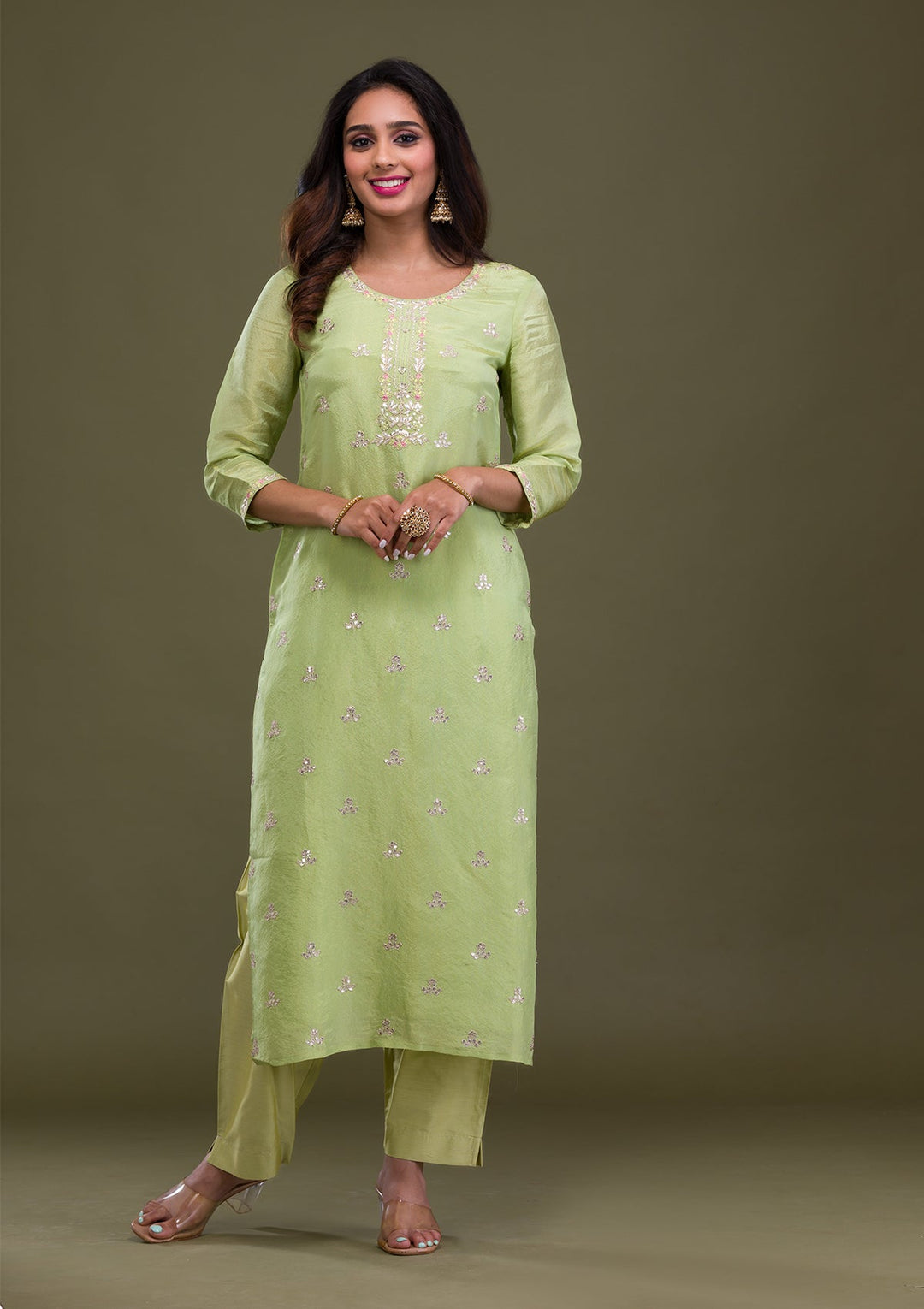 Green Zariwork Art Silk Readymade Sharara Kameez