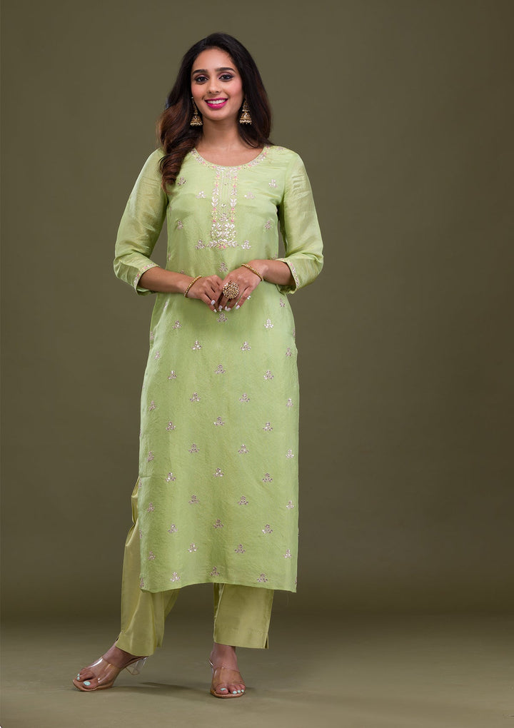 Green Zariwork Art Silk Readymade Sharara Kameez