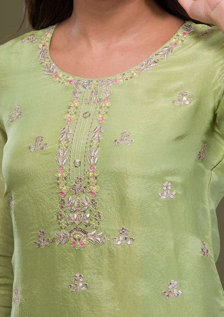 Green Zariwork Art Silk Readymade Sharara Kameez