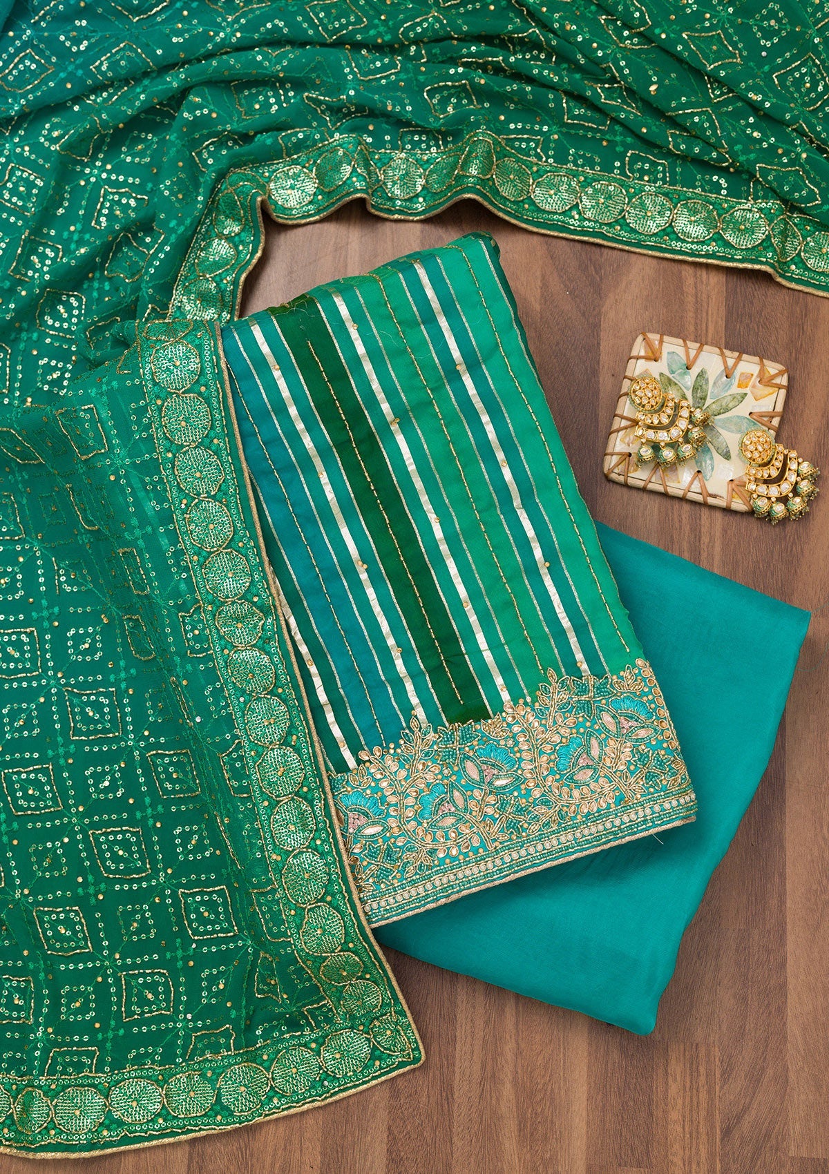 Green Zariwork Semi Crepe Unstitched Salwar Suit-Koskii