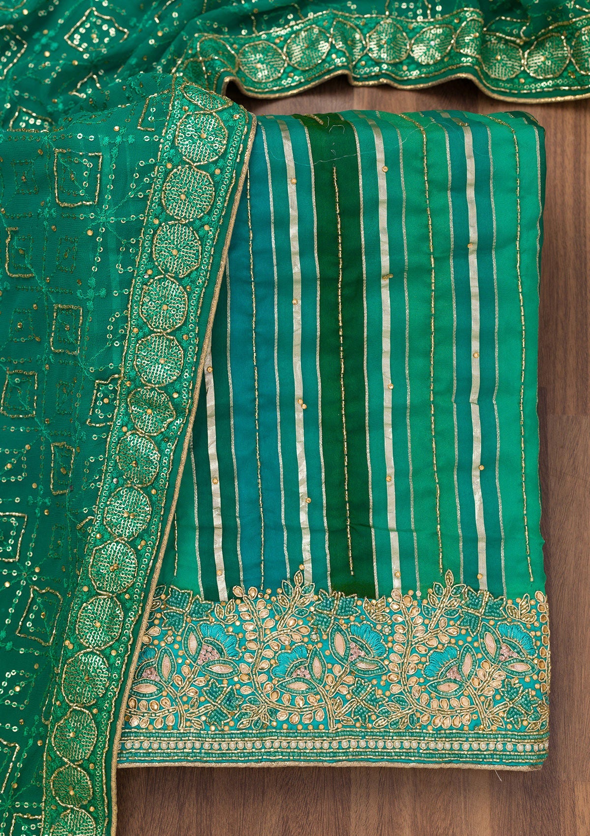 Green Zariwork Semi Crepe Unstitched Salwar Suit-Koskii