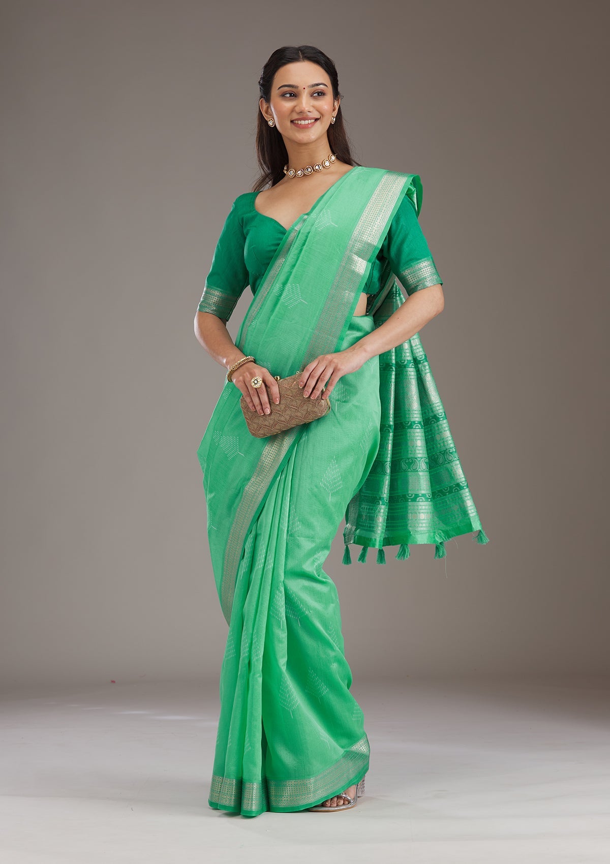 Green Zariwork Tissue Saree-Koskii