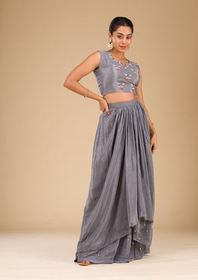 Grey Cutdana Georgette Readymade Lehenga