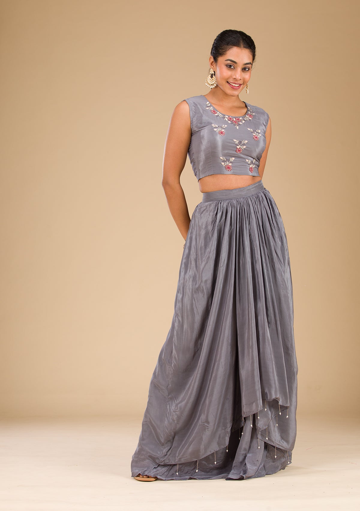 Grey Cutdana Georgette Readymade Lehenga