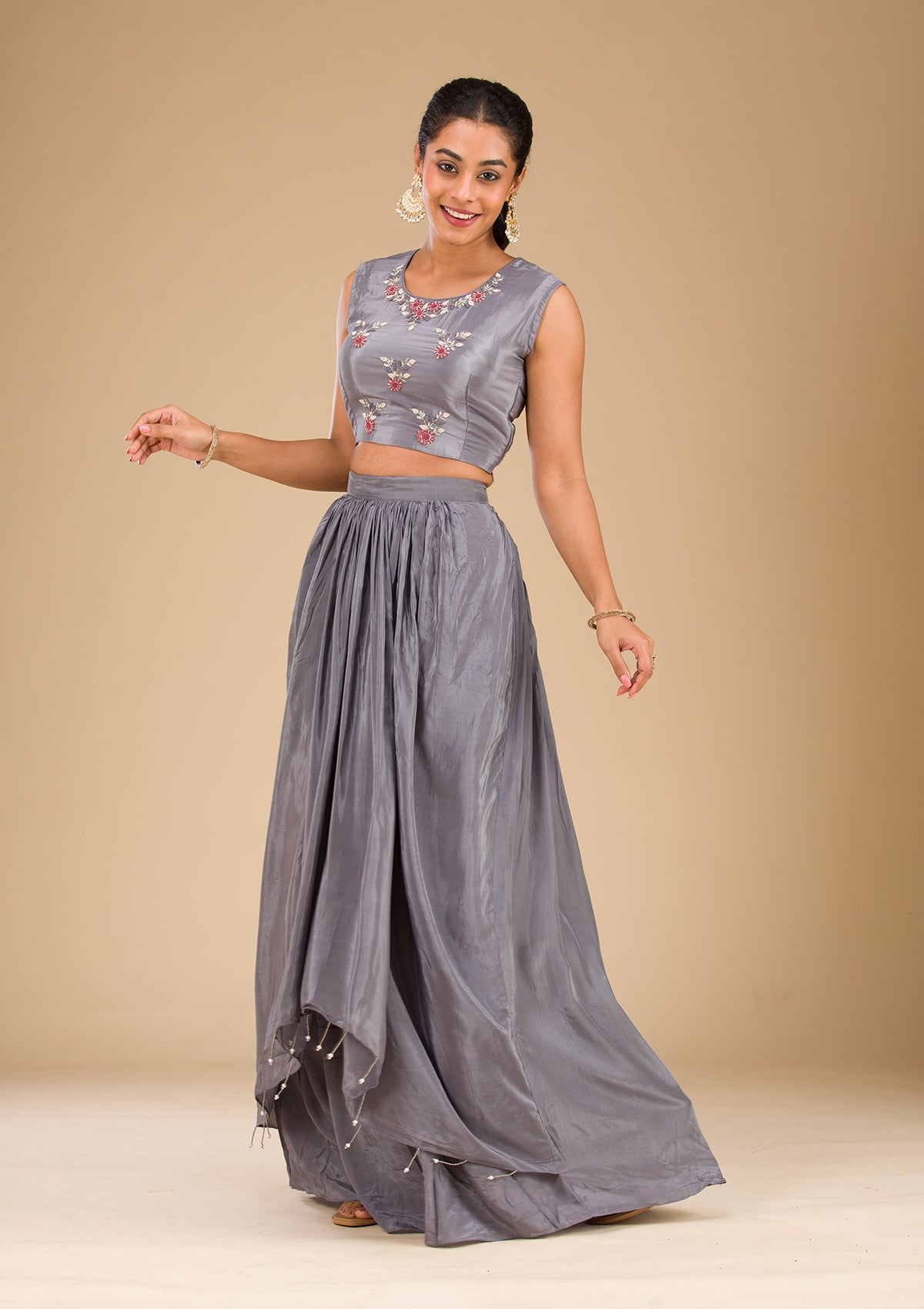 Grey Cutdana Georgette Readymade Lehenga