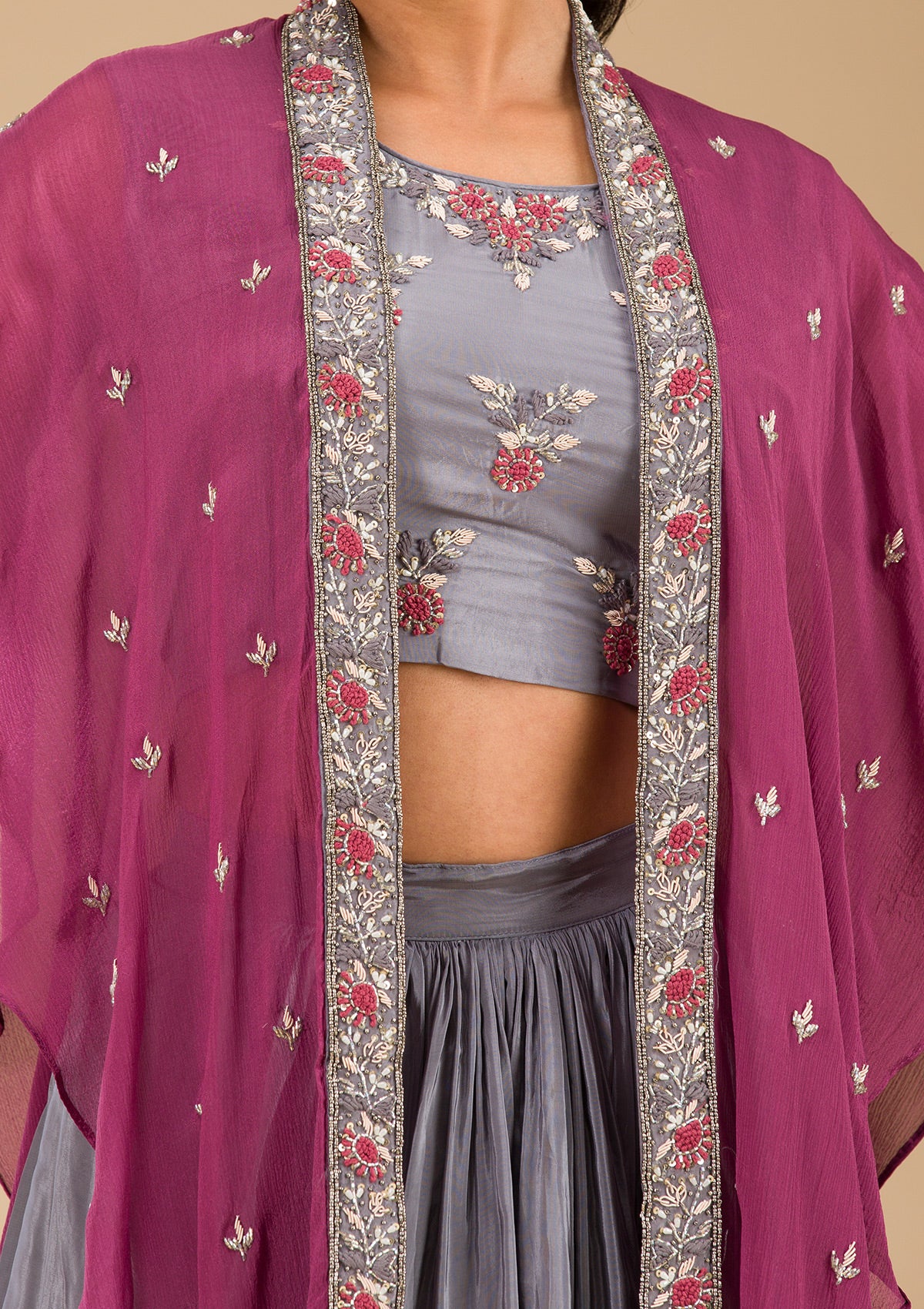 Grey Cutdana Georgette Readymade Lehenga