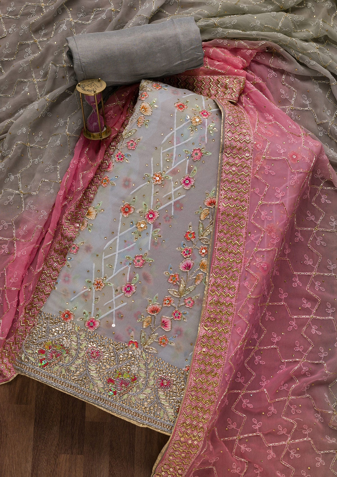 Grey Cutdana Georgette Unstitched Salwar Suit-Koskii