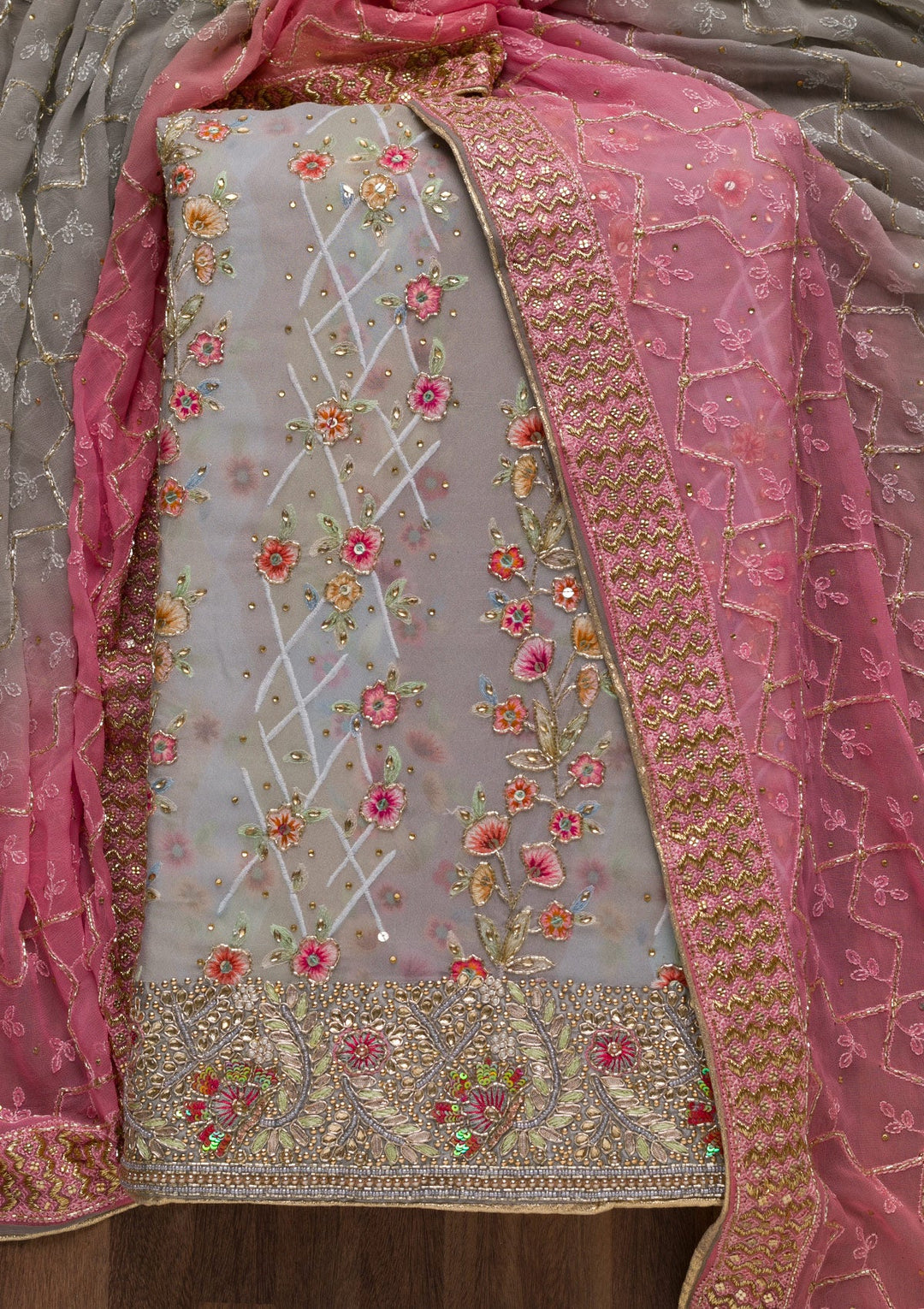 Grey Cutdana Georgette Unstitched Salwar Suit-Koskii