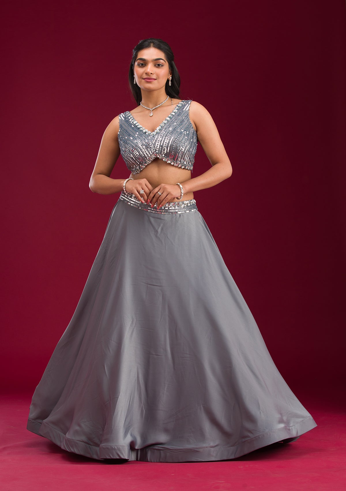 Grey Cutdana Lycra Readymade Lehenga