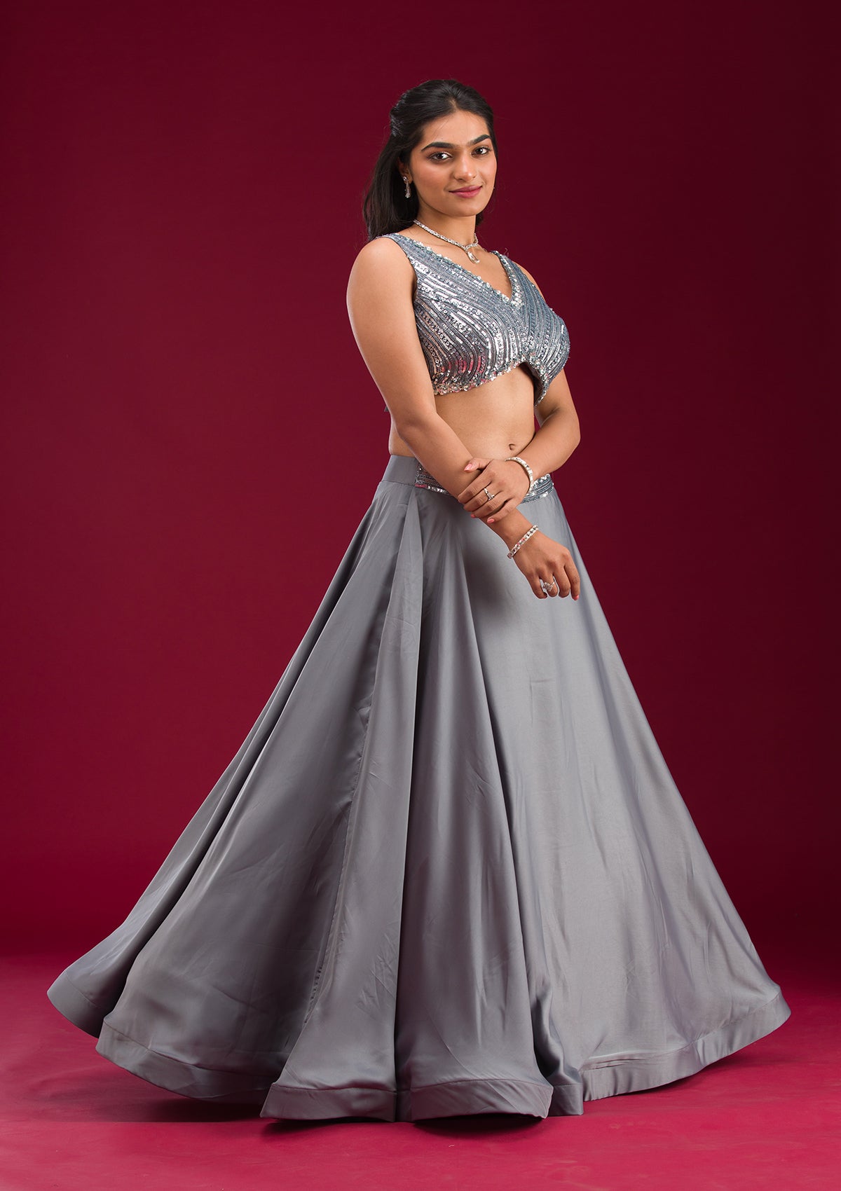 Grey Cutdana Lycra Readymade Lehenga