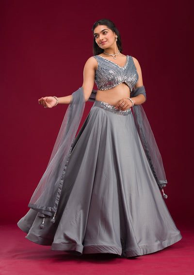 Grey Cutdana Lycra Readymade Lehenga-Koskii