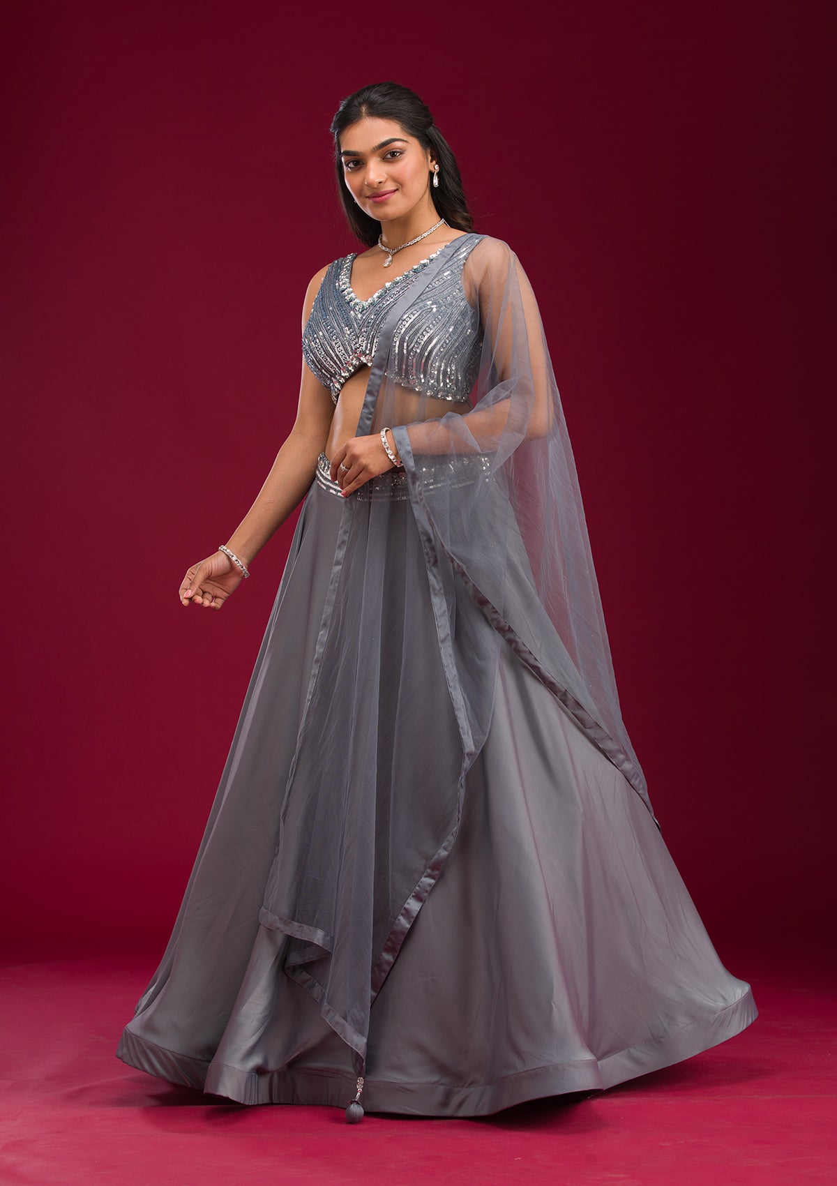 Grey Cutdana Lycra Readymade Lehenga