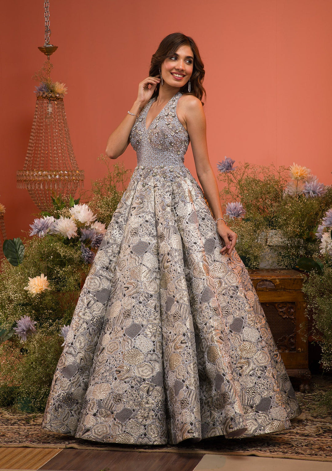 Grey Cutdana Raw Silk Gown-Koskii