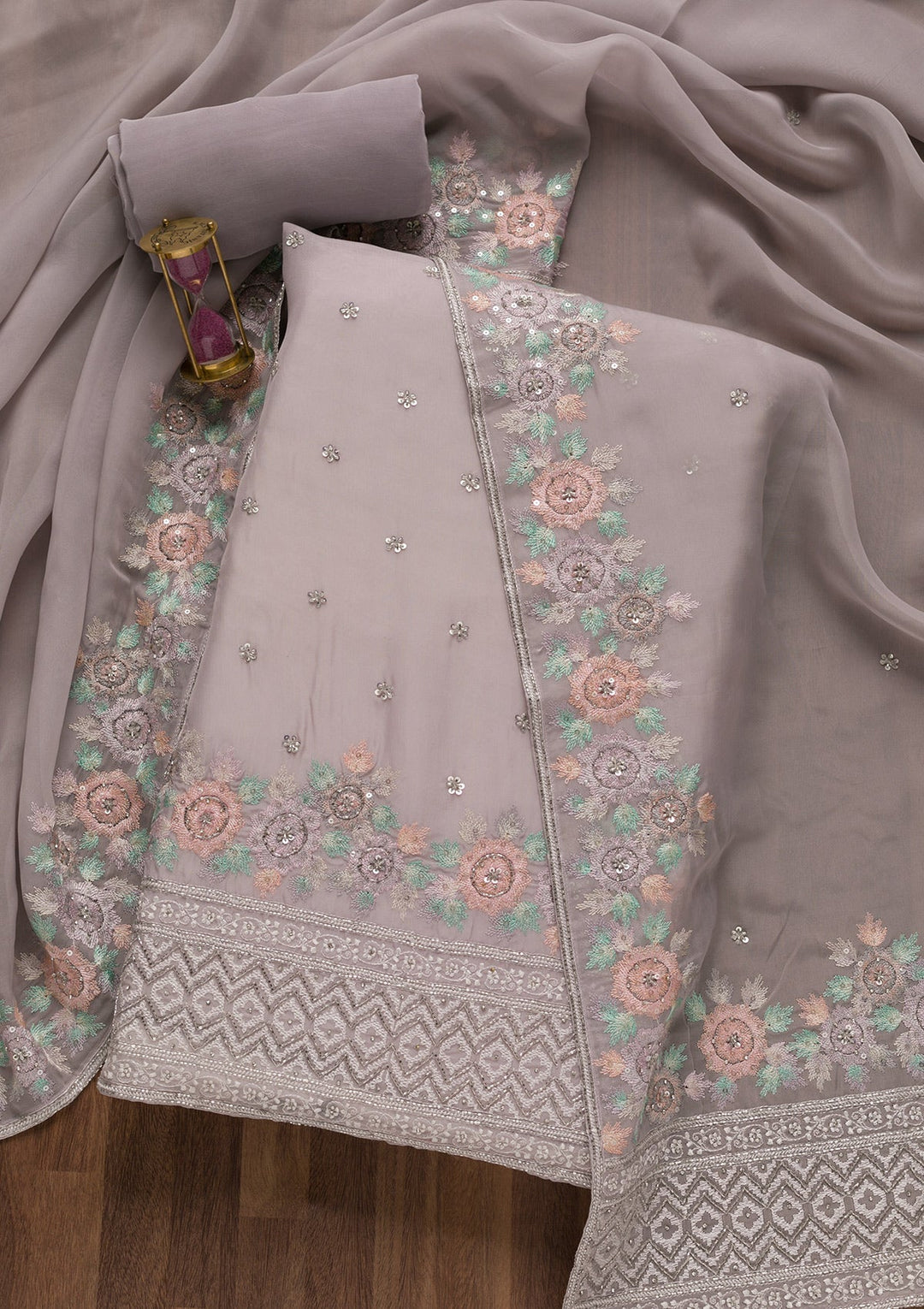 Grey Cutdana Tissue Unstitched Salwar Suit-Koskii
