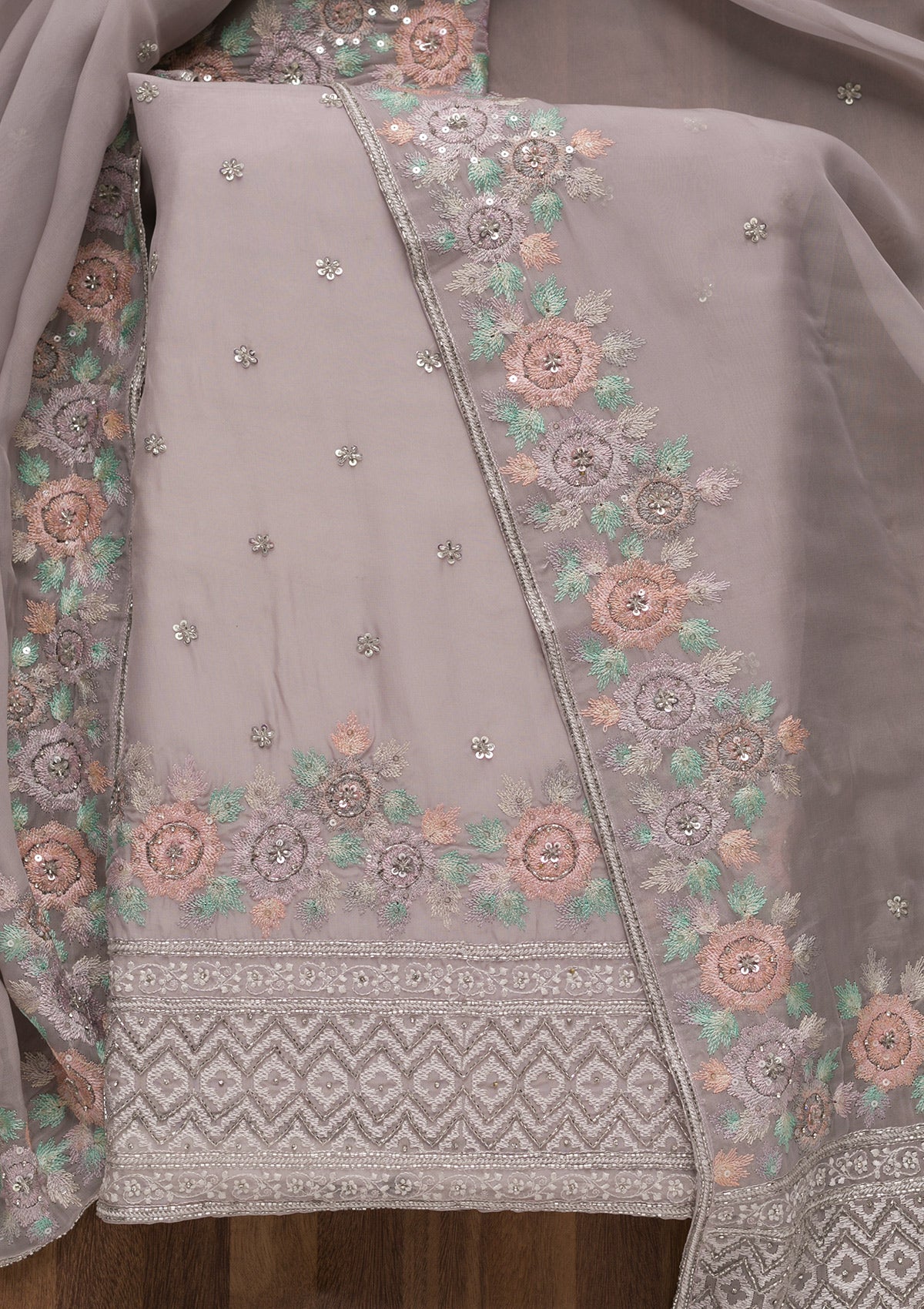 Grey Cutdana Tissue Unstitched Salwar Suit-Koskii