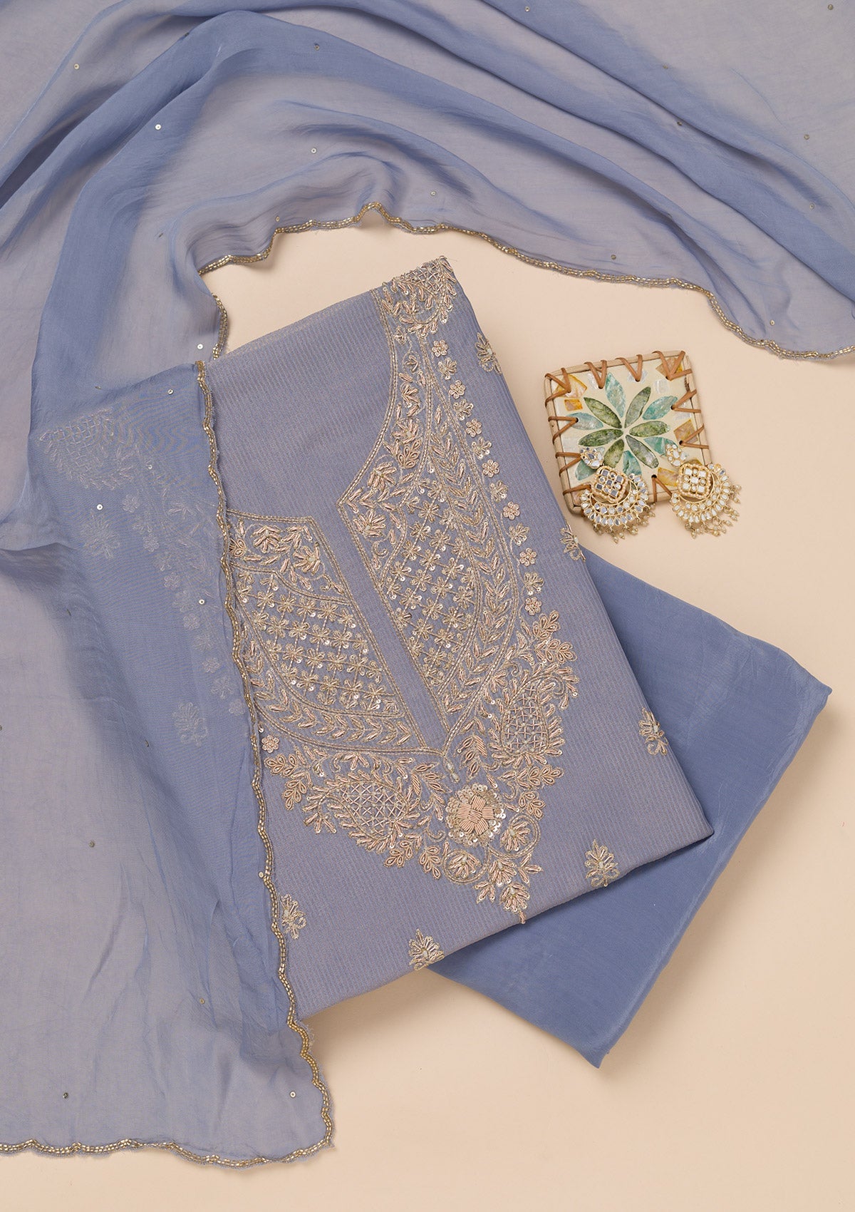 Grey Cutdana Tissue Unstitched Salwar Suit-Koskii