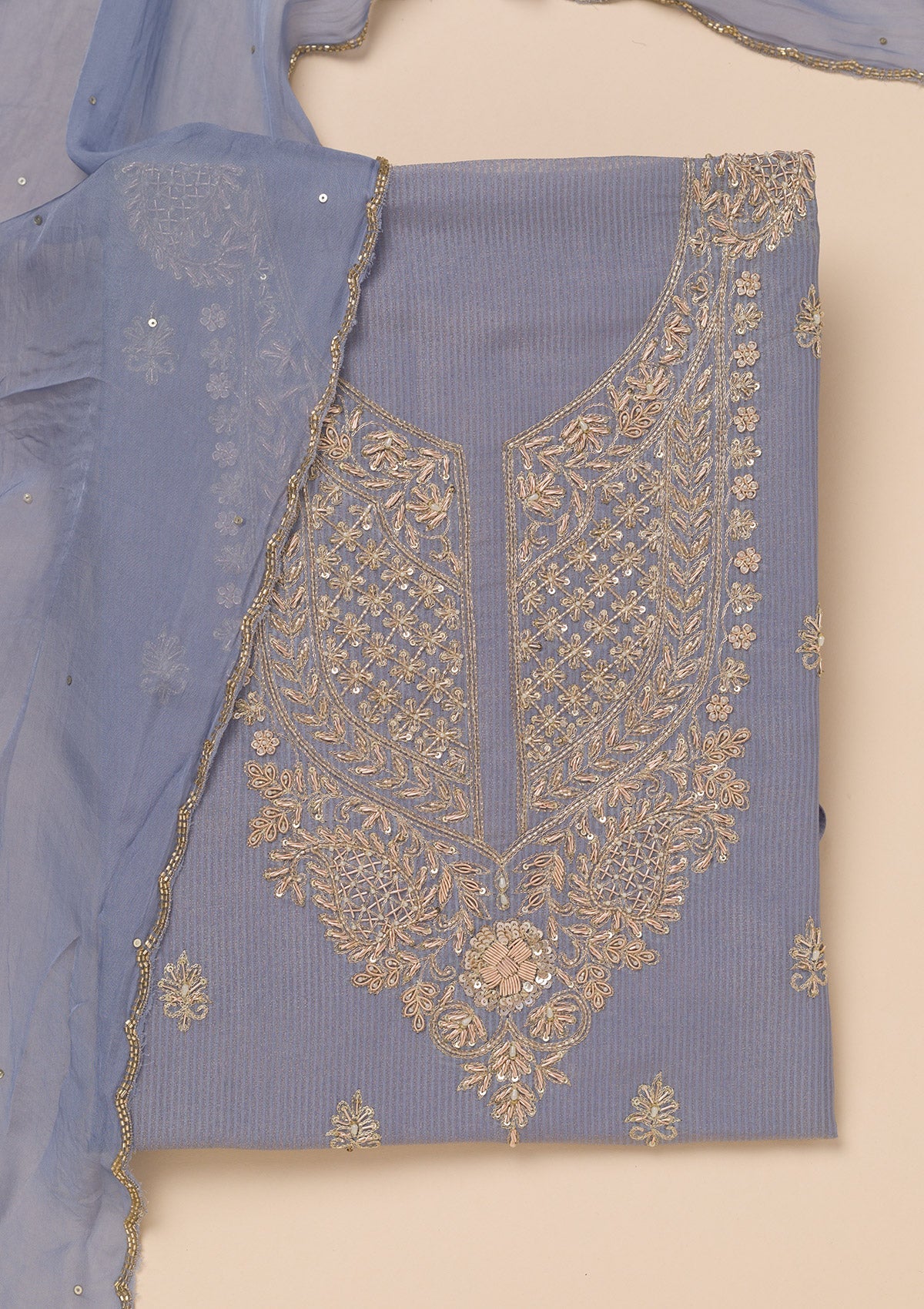 Grey Cutdana Tissue Unstitched Salwar Suit-Koskii