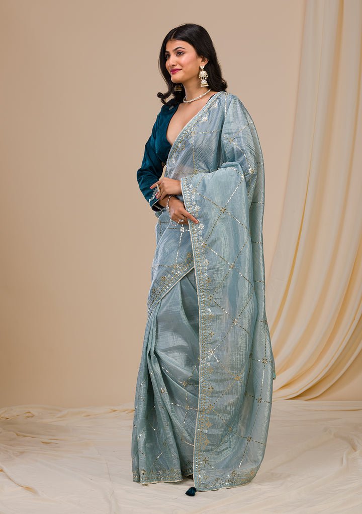 Grey Gotapatti Tissue Saree-Koskii